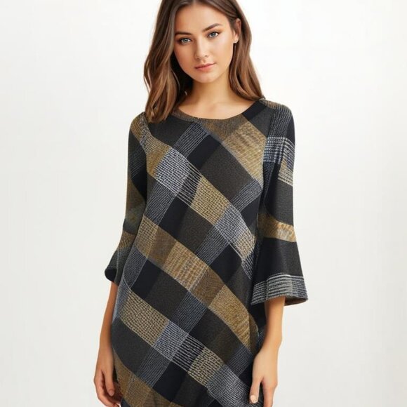 Vintage Sandra Darren Dress Flared Bell Sleeves Plaid Office Core Aesthetic Sz M - Picture 1 of 12